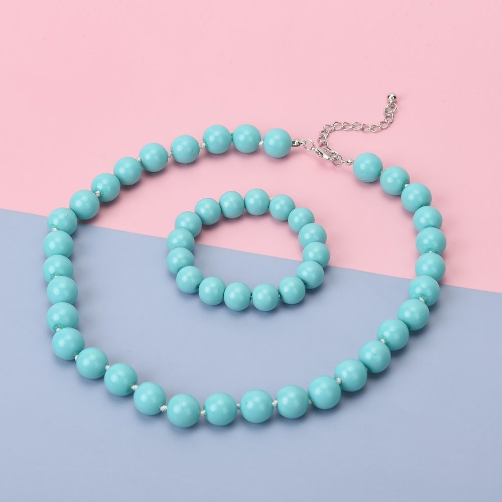 Blue Pearl Beaded Stretch Bracelet and Necklace 20-23 Inches in Silver E454